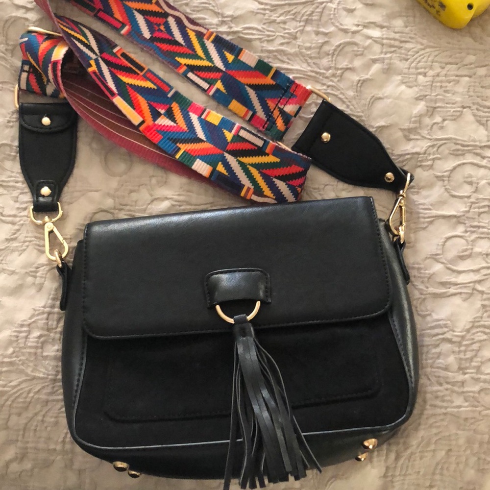 Vegan leather tassel bag with “guitar strap”